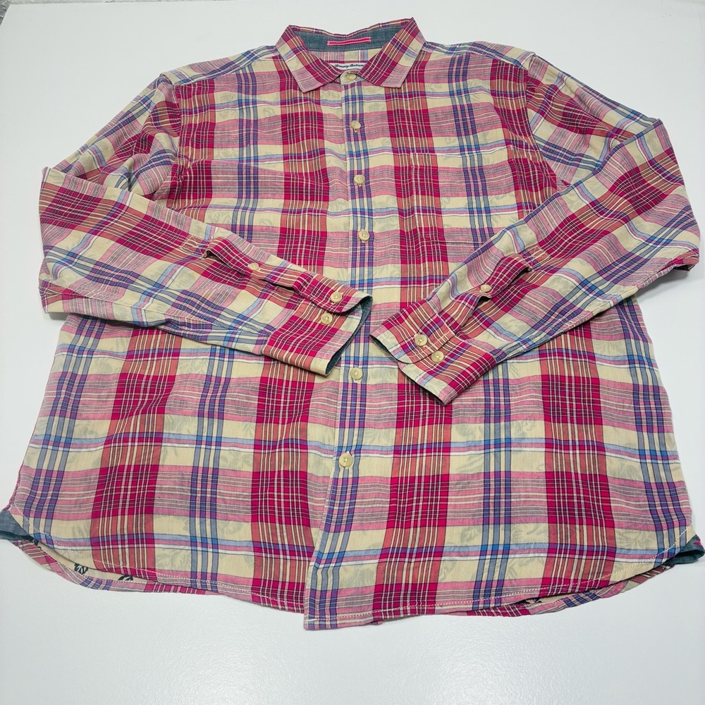 Tommy Bahama Shirt Mens Large Blue Plaid‎ Long Sleeve Button Up Cotton Preppy